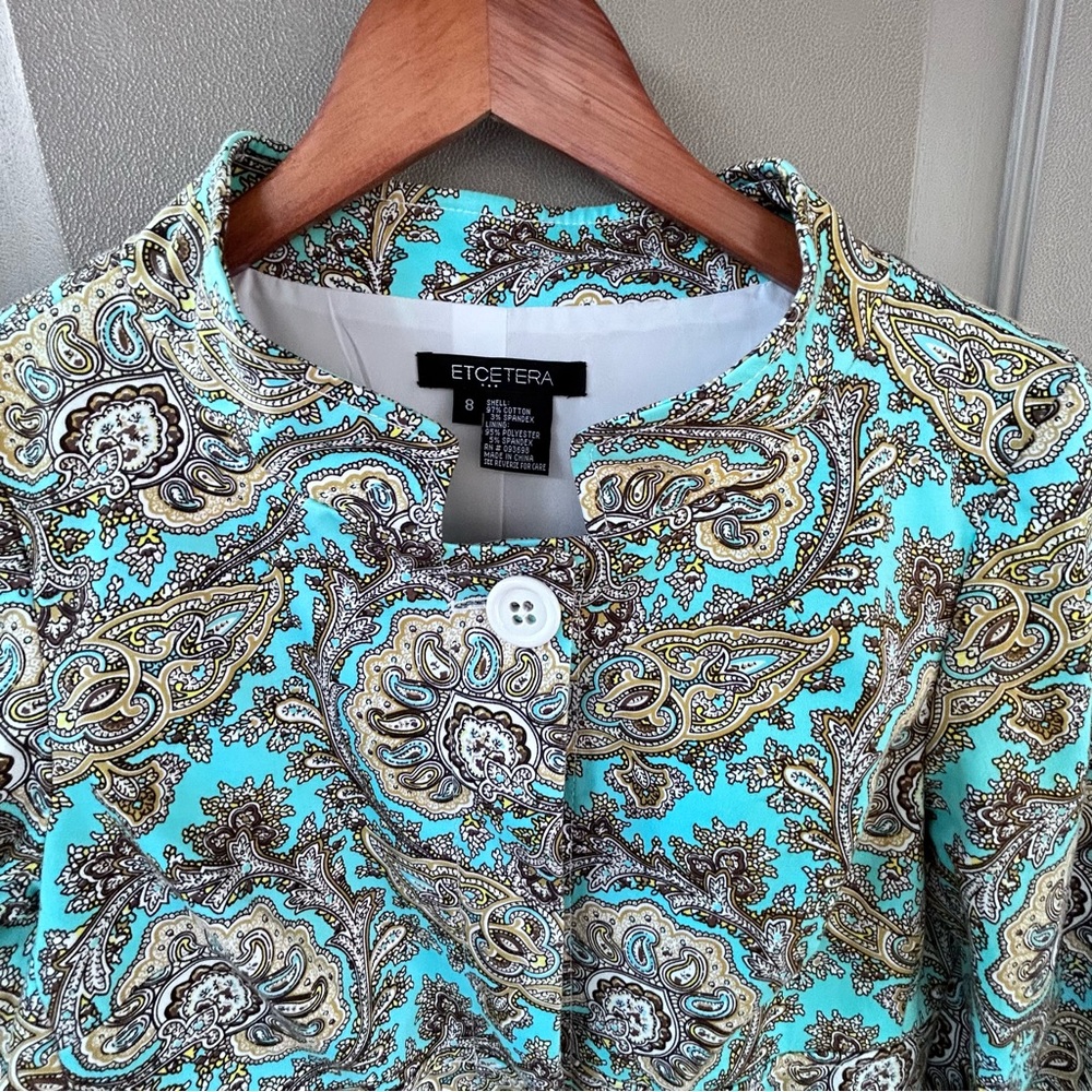 Etcetera Long Jacket Women’s Sz 8 Turquoise Brown Front Button EUC - Picture 3 of 10